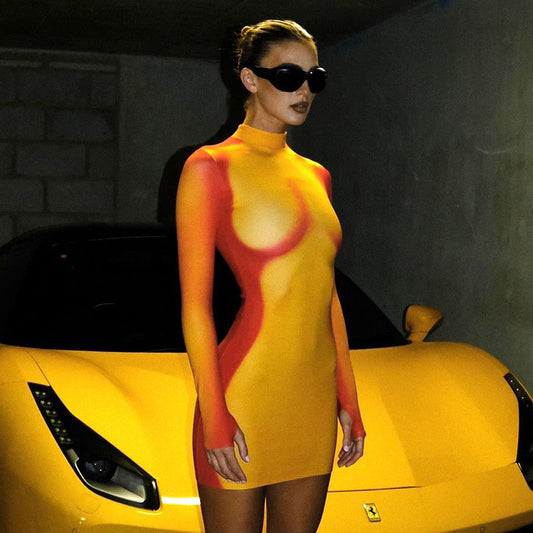 Yellow 3D Body Print Sexy Dress Y2k Streetwear Womans Clothing Long Sleeve Bodycon Short Dresses Club Wear