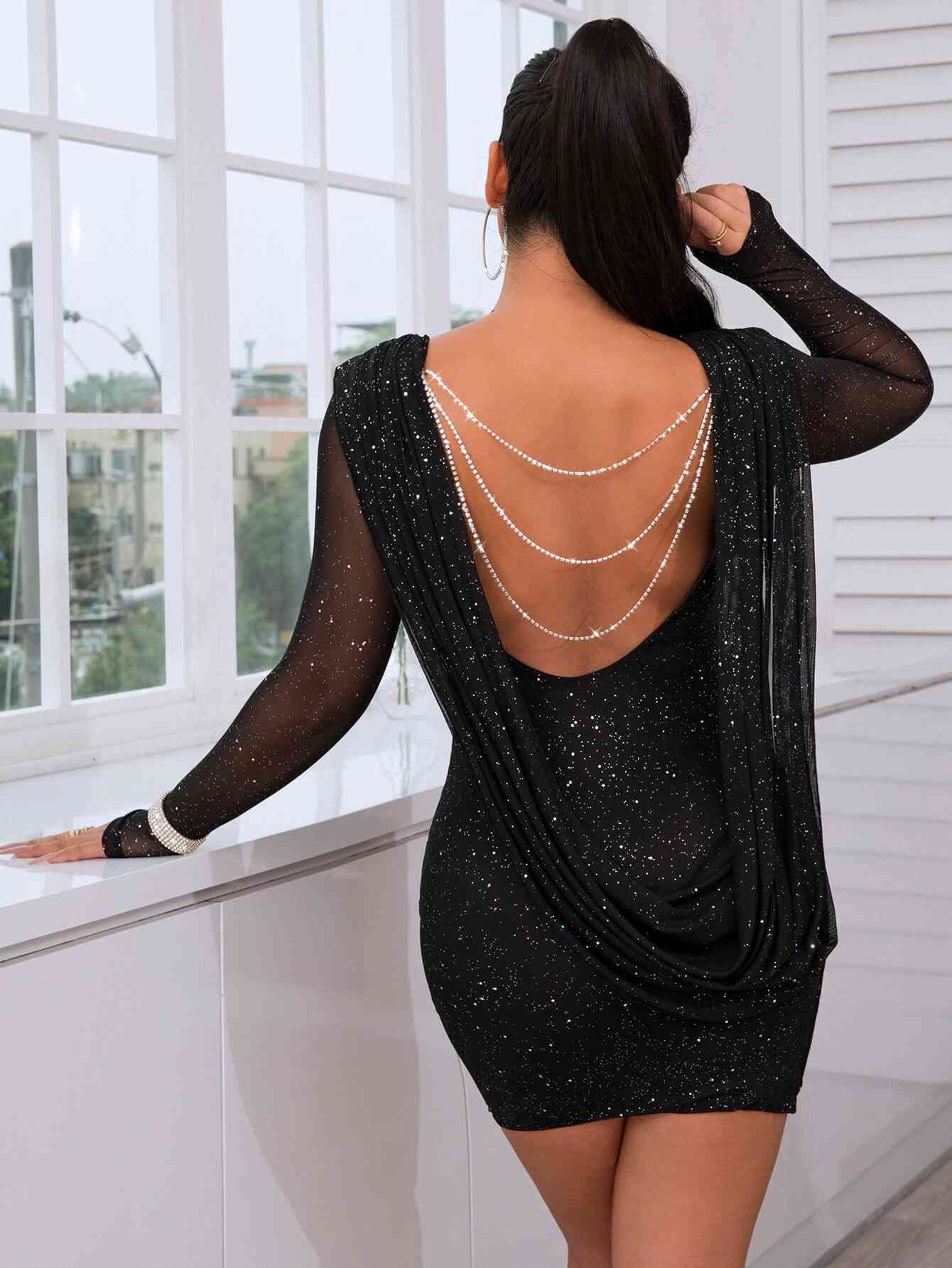 Meliza's Glitter Rhinestone Chain Detail Mesh Sleeve Bodycon Dress