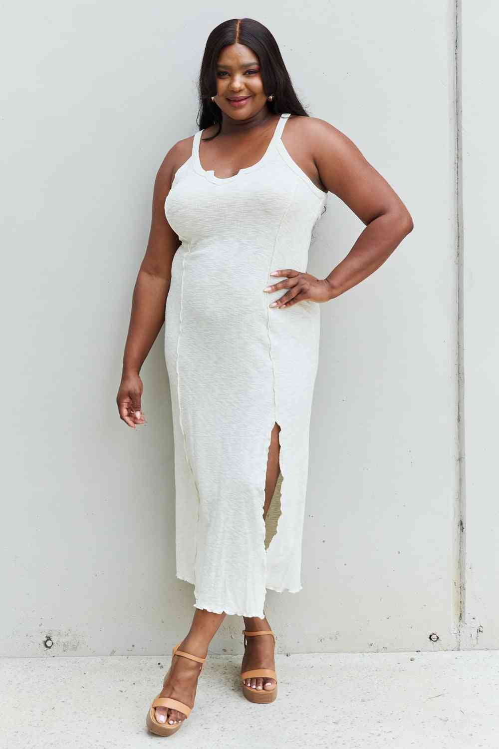 Meliza's Culture Code Look At Me Full Size Notch Neck Maxi Dress with Slit in Ivory