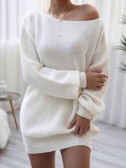 Meliza's Rib-Knit Balloon Sleeve Boat Neck Sweater Dress