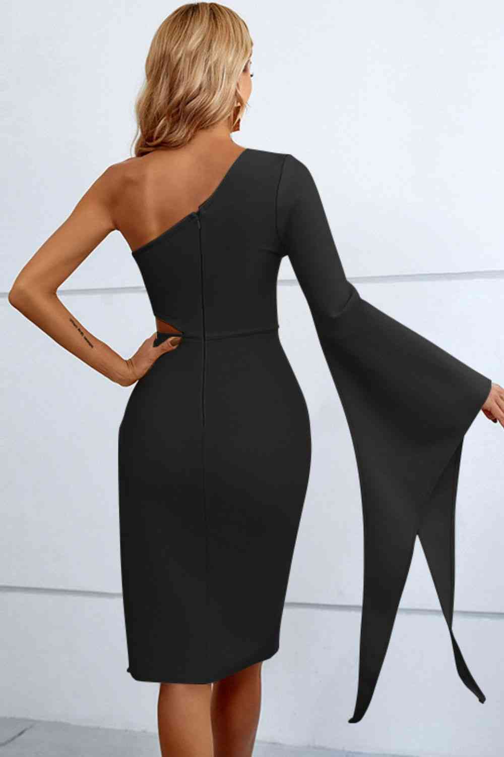 Meliza's Cutout Split Flare Sleeve One-Shoulder Dress