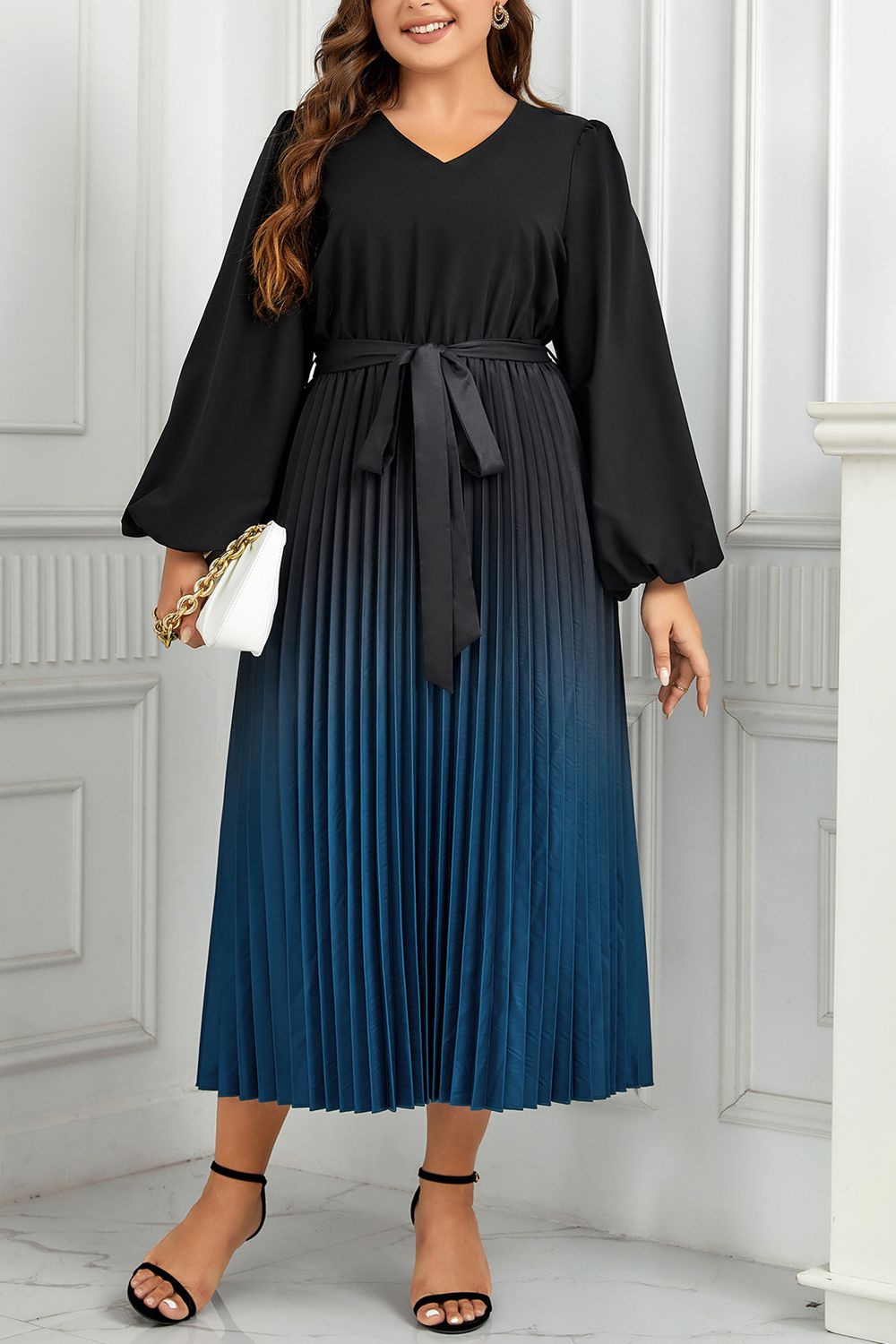 Meliza's Plus Size V-Neck Long Sleeve Pleated Tie Waist Midi Dress