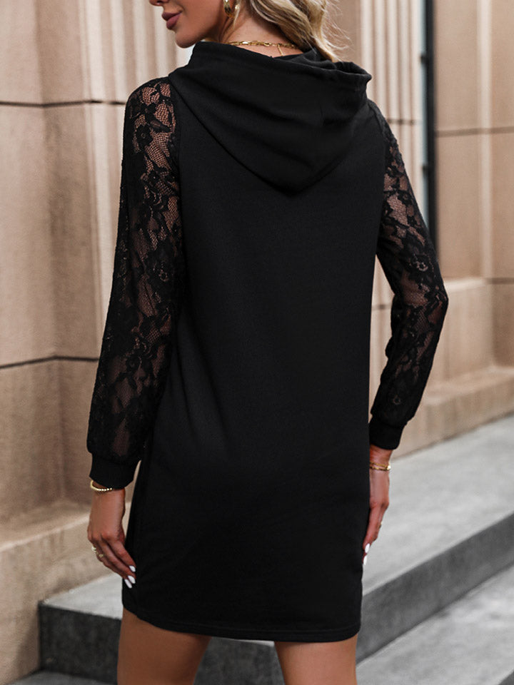 Meliza's Lace Trim Long Sleeve Hooded Dress