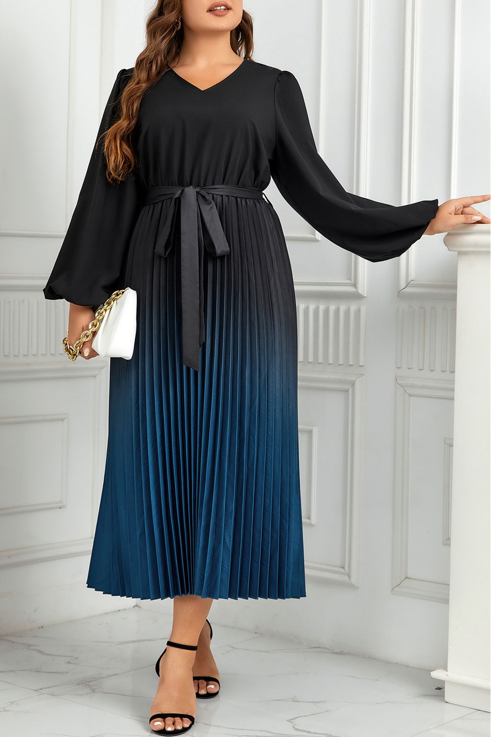 Meliza's Plus Size V-Neck Long Sleeve Pleated Tie Waist Midi Dress