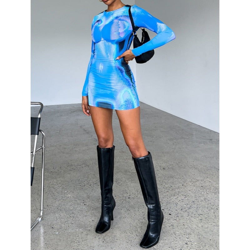 3d Body Printed Bodycon Dress Casual for Women Fall 2023 Fashion Long Sleeve Short Dresses Female Clothing