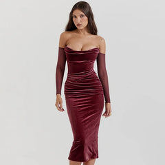 Velvet Strapless Long Dress with Mesh Sleeves Sexy Elegant Dresses for Women Fall Winter Evening Party Outfit