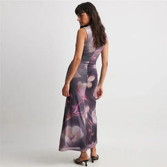 Retro Purple Floral Dress Elegant Sexy Vacation Outfits Sleeveless Split Long Dresses for Women Clothes