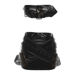 All Black PU Leather Outfit 2 Piece Set Buckle Belted Crop Top and Micro Mini Skirt Moto Girl Sexy Club Dress