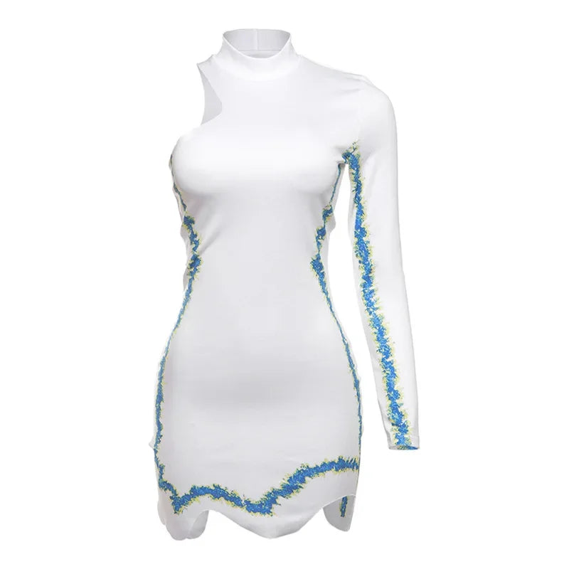 Asymmetrical Trendy Dress Sexy White Irregular Hem One Sleeve Bodycon Mini Dresses for Women Nightclub Outfit