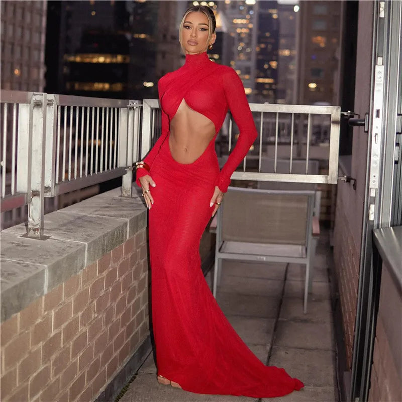 Sexy Cut Out Backless Red Party Dress Women Elegant Luxury Turtleneck Long Sleeve Maxi Dresses Evening Gown