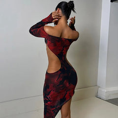 Asymmetrical Cut Out Sheer Mesh Dresses for Women 2024 Fashion Red Print Sexy Off Shoulder Long Sleeve Dress
