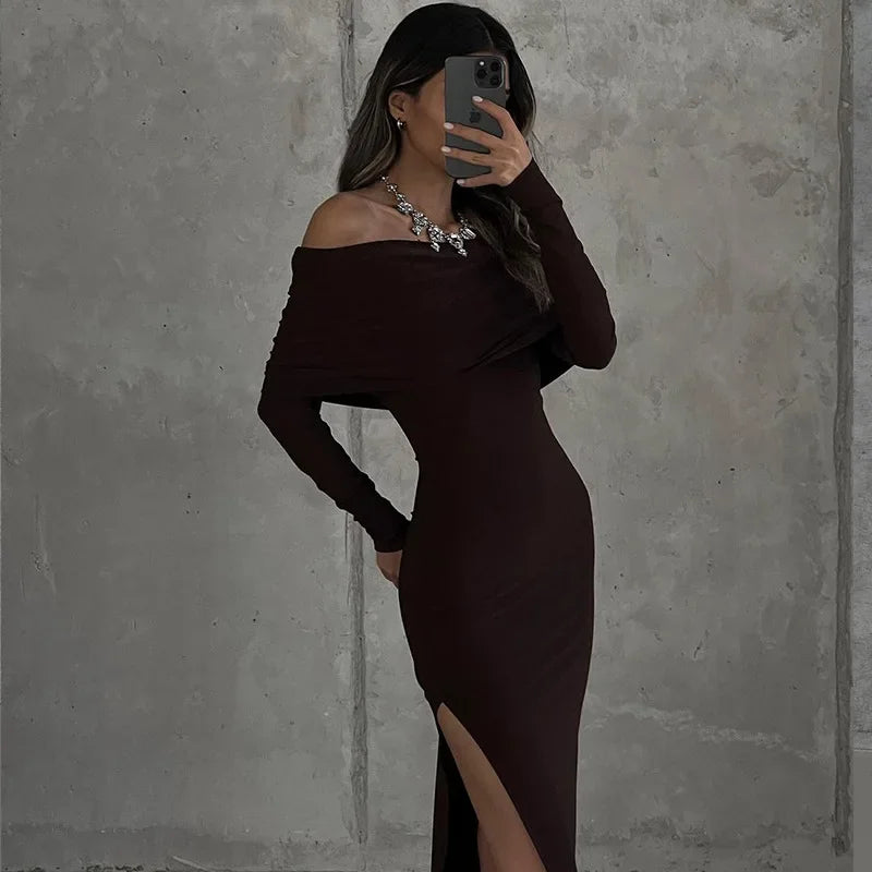 Off Shoulder Split Long Dresses Sexy Evening Party Outfits Winter Black Red Dress Women Elegant Gown