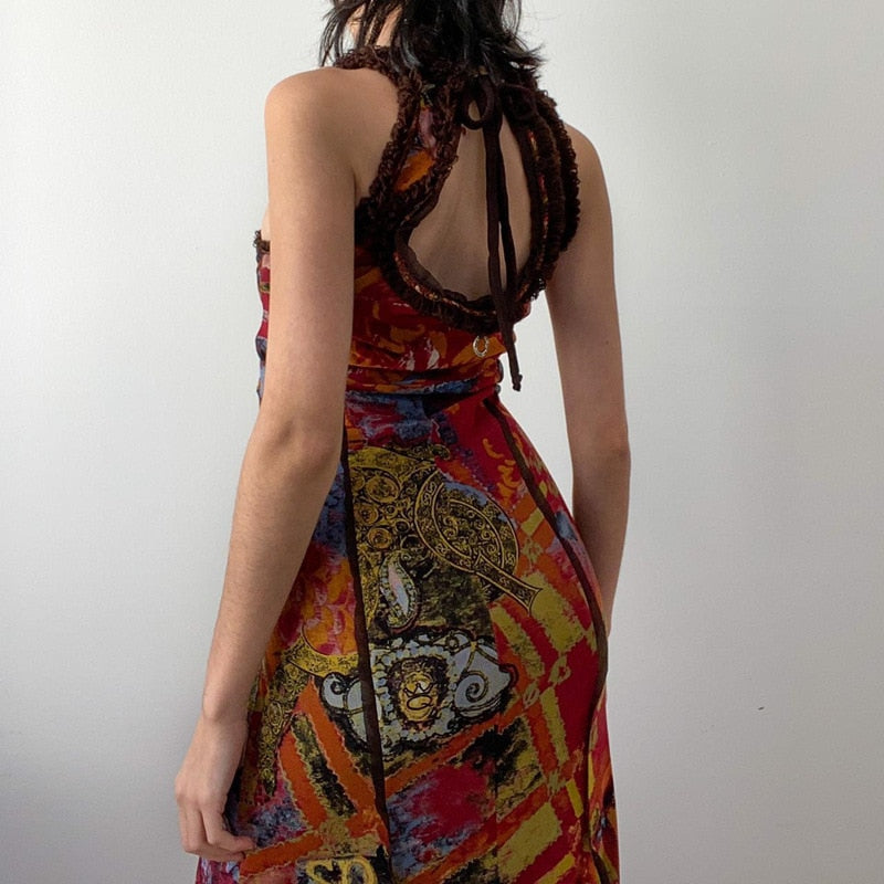 Y2k Retro Tie Dye Print Long Dresses for Women Sexy Hollow Out Lace Up Backless Maxi Dress 2000s Aesthetic