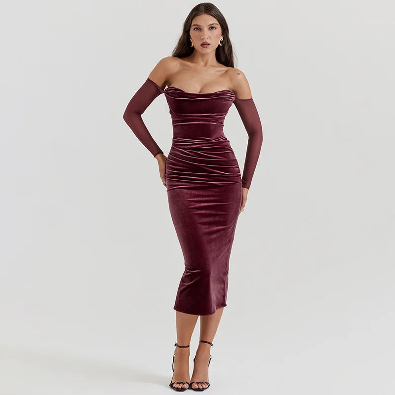 Velvet Strapless Long Dress with Mesh Sleeves Sexy Elegant Dresses for Women Fall Winter Evening Party Outfit