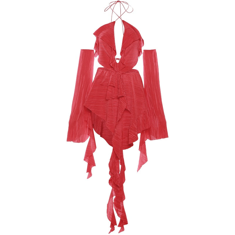 Y2K Irregular Backless Dress+Glove Women Cross Ribbon Skinny Elastic Waistless Mini Bodycon Midnight Summer Clubwear