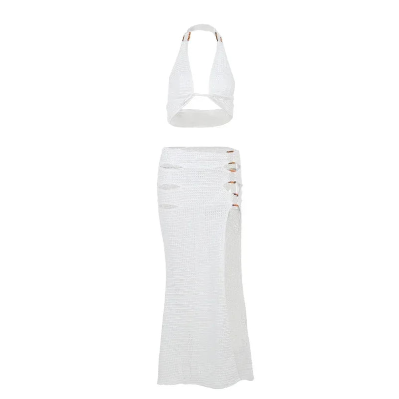 Hollow Knit Two Piece Set White Maxi Skirt Sets Vacation Outfits for Women Elegant Sexy Dresses for A Lady