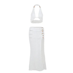 Hollow Knit Two Piece Set White Maxi Skirt Sets Vacation Outfits for Women Elegant Sexy Dresses for A Lady