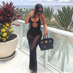See Through Black Mesh Dress Cowl Neck Backless Long Maxi Dresses Sexy Beach Party Vacation Outfits for Women