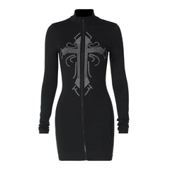 Rhinestone Mini Dresses Black Zip Up Long Sleeve Bodycon Dress Streetwear Women Nightclub Fashion Clothes
