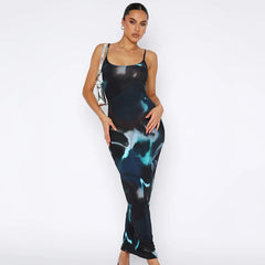 Fashion Printed Spaghetti Strap Maxi Dress for Women Summer 2023 Elegant Backless Long Dresses Resort Wear