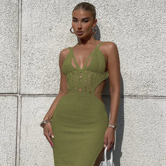 Y2k Sexy Cutout Backless Women Dress Summer Trend Solid Color Elegant Slit Stretch Straps Party Prom Club Bodycon