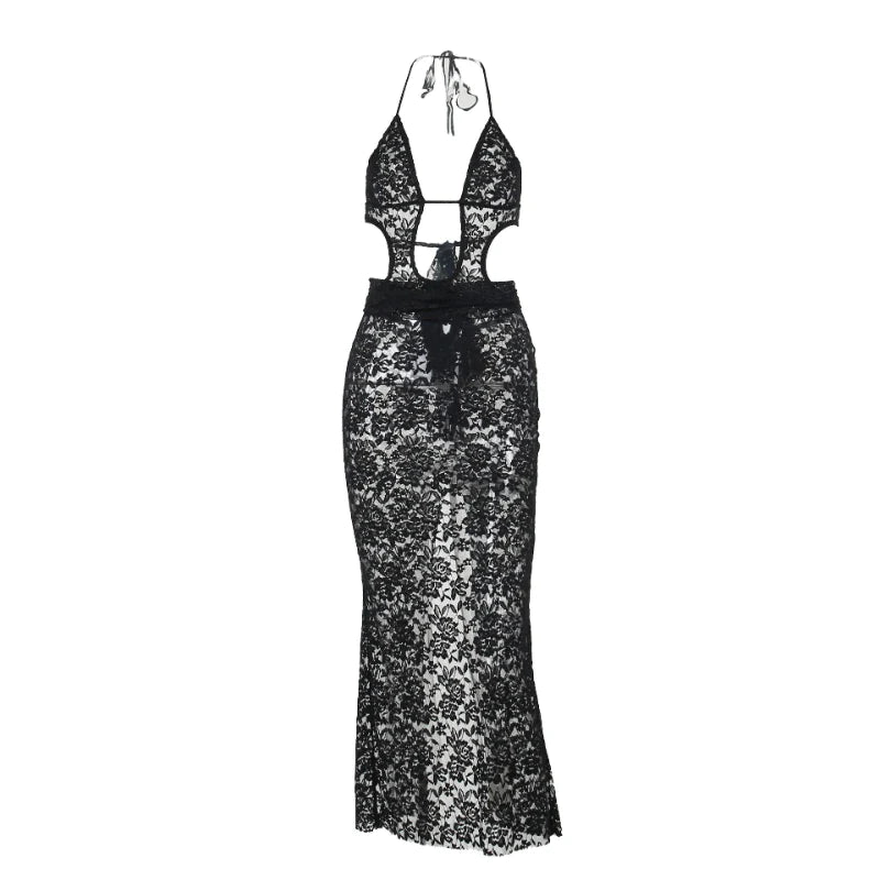 Hollow Out Deep V Halter Backless Split Long Dress See Through Lace Black Sexy Party Dresses for Women