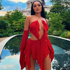 Flare Sleeve Halter Backless Ruffle Mini Dresses Asymmetric Red Night Club Dress Women Rave Festival Outfits