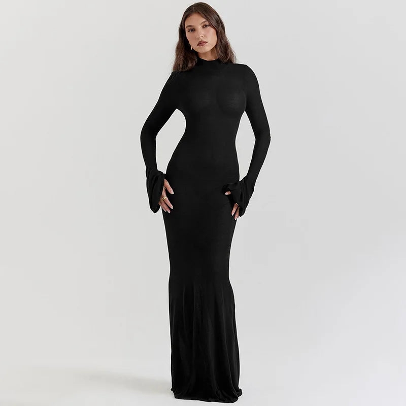 Sexy Flared Sleeves Cut Out Backless Maxi Dresses Black Green Party Dress Women Elegant Luxury Evening Gown