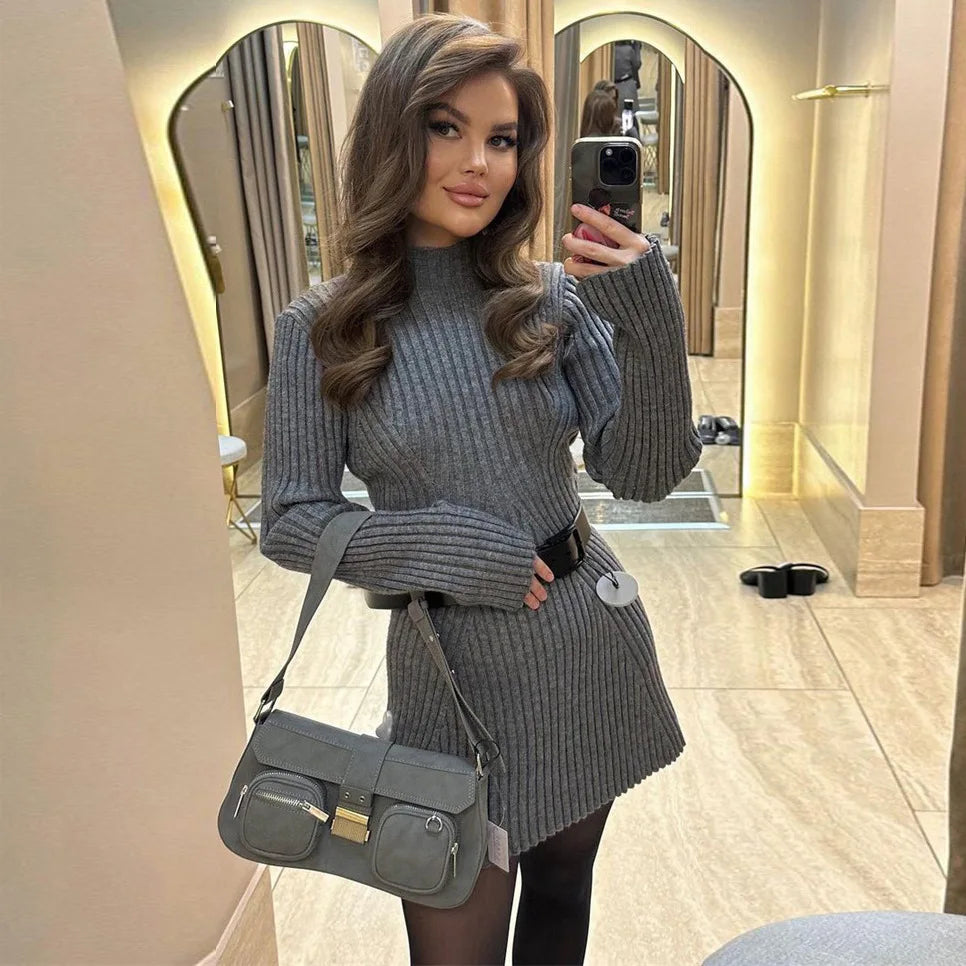 Knit Sweater Dress Black White Grey Fashion Casual Fall Winter Long Sleeve Bodycon Short Dresses for Women