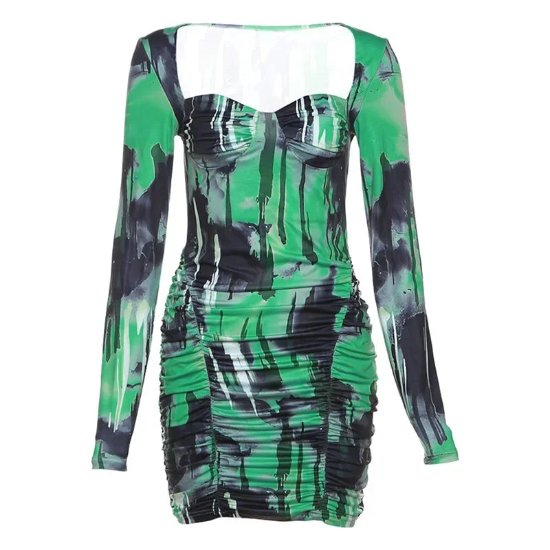 Green Printed Square Neck Low Cut Long Sleeve Dress Sexy Outfits for Women Club Wear Mini Bodycon Dresses
