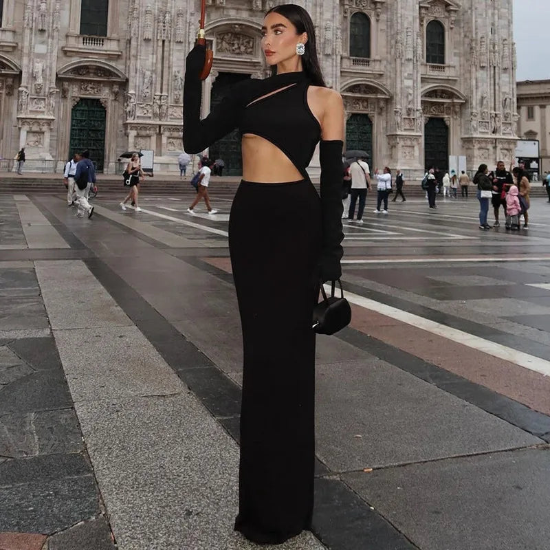 Sexy Black Evening Dress Party Night Elegant Asymmetrical Cut Out Gloves Long Sleeve Bodycon Maxi Dresses