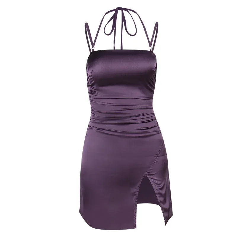 Halter Slit Extreme Mini Dress Black Purple Satin Dresses for Women Sexy Summer Date Night Club Outfits
