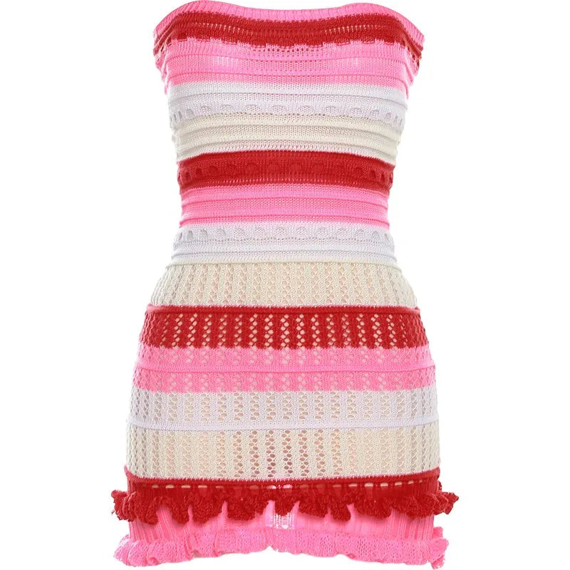 Tube Dress Knit Women Elegant Summer Ruffles Hem Skinny Stretch Patchwork Striped Street Vacation Clubwear Bodycon