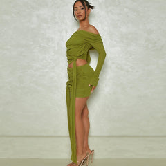 Long Sleeve Sexy 2 Piece Crop Top and Skirt Set Irregular Bandage Dress Green