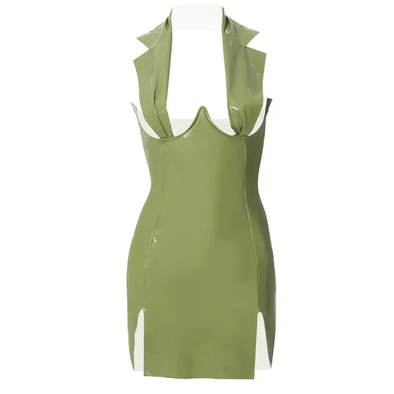 Halter Backless Slit Dress Green PU Leather Bodycon Mini Dresses Sexy Night Club Outfits for Women Clothes
