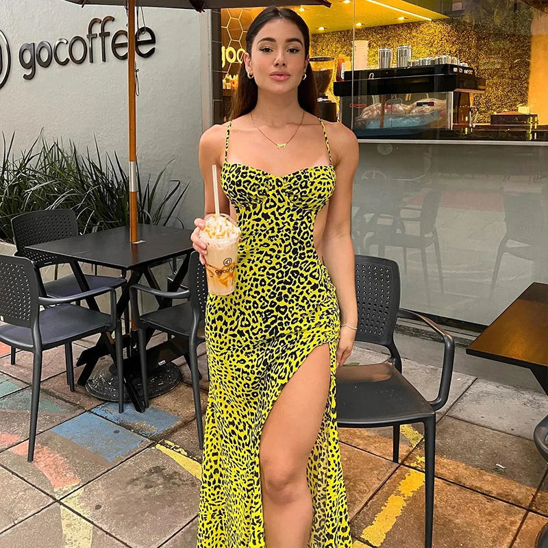 Side Split Women Maxi Dress Criss-Cross Backless Spaghetti Straps Halter Summer Party Vacation Mermaid Slim Vestidos
