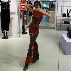 Animal Printed Red Mesh Dress High Fashion See Through Sleeveless Maxi Dresses for Women Sexy Party Outfits