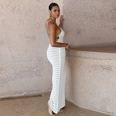 Sexy Hollow Halter Backless Long Dresses Summer Beach Party Vacation Outfits for Women White Black Dress