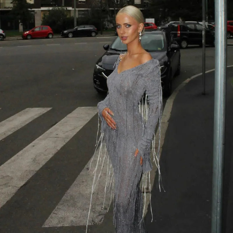 Fringed Distressed Sweater Dress Woman Winter Hollow Knit See Through V Neck Long Sleeve Maxi Dresses Gray