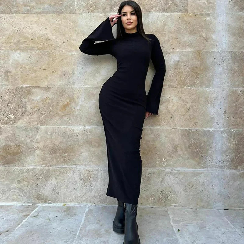 Ribbed-knit Bodycon Dress Fall Winter Fashion Black Mock Neck Flared Long Sleeve Dresses for Women Clothes