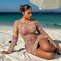 Rainbow Striped Knit Sweater Dress Long Sleeve Backless Short Dresses for Women Sexy Beach Vacation Outfits