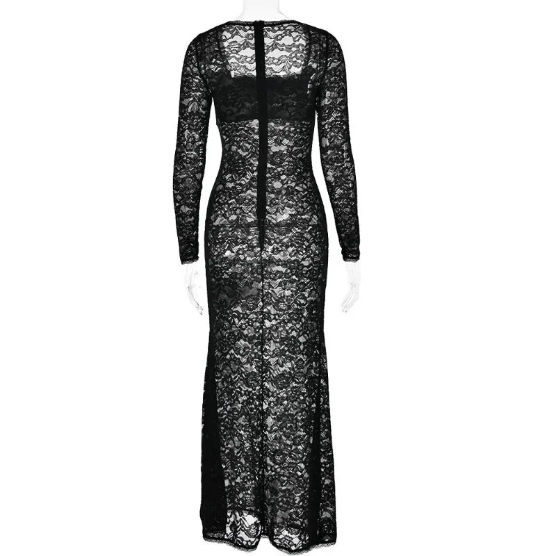See Through Floral Lace Maxi Dresses for Women Winter Party Elegant Square Neck Long Sleeve Dress White Black