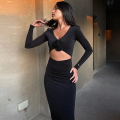 Elegant Long Party Dresses for Women Fashion Clothes Deep V Neck Cut Out Long Sleeve Maxi Dress Black