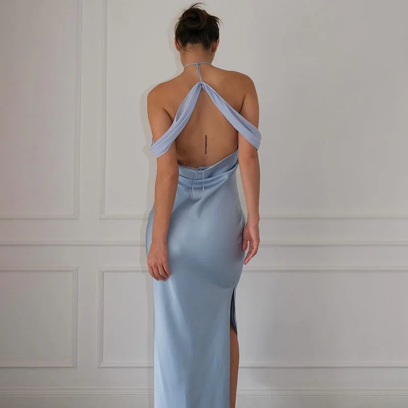 Chiffon Satin Elegant Dresses for Women Luxury Classy Long Party Outfits Halter Backless Split Maxi Dresses