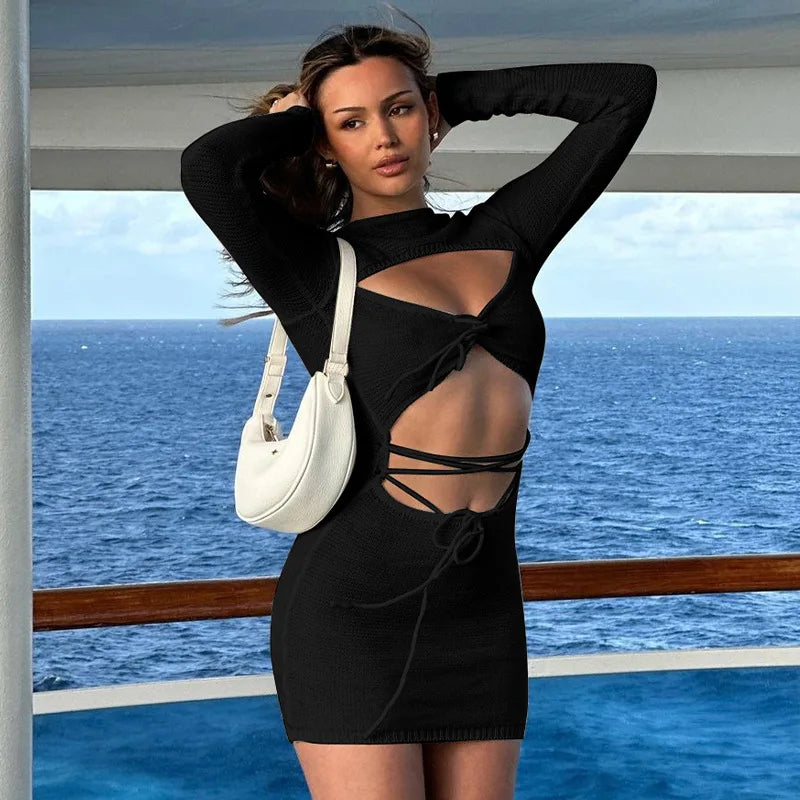 Long Sleeve Cut Out Dress for Women 2023 Winter Sexy Knit Sweater Dresses White Black Holiday Party Outfit