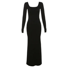 Ribbed-knit Grey Black Dress Women Winter Fashion Casual Low Cut Backless Long Sleeve Bodycon Maxi Dresses