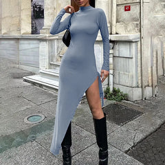 Irregular Hem Lace Up High Slit Dress Fashion Sexy Long Sleeve Dresses for Winter for Women 2023