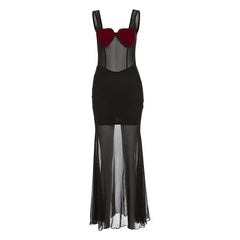 Patchwork Sheer Mesh Dress Black Square Neck Sleeveless Maxi Dress Y2k Sexy Night Out Outfits for Women