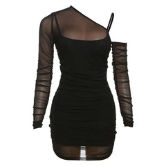 See Through Mesh Black Dress Women Sexy Party Night Club Outfits One Shoulder Long Sleeve Mini Dresses