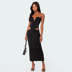 Cut Out Deep V Strapless Long Dress Womans Clothing Sexy Black Party Dresses Night Club Outfits for Women